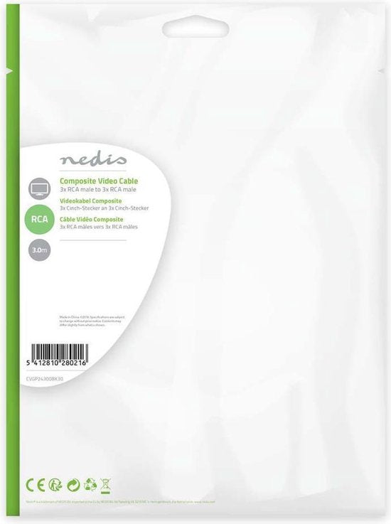 Nedis Composiet Videokabel - 3x RCA Male - 3x RCA Male - Vernikkeld - 480p - 3.00 m - Rond - PVC - Zwart - Envelop - afbeelding 3