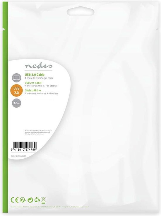 Nedis USB-Kabel - USB 2.0 - USB-A Male - USB Mini-B 5-Pins Male - 480 Mbps - Vernikkeld - 3.00 m - Rond - PVC - Zwart - Label - afbeelding 8