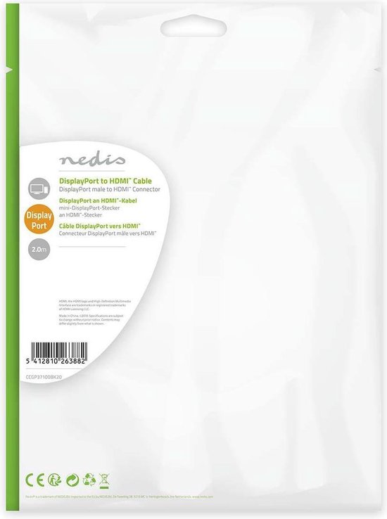 Nedis DisplayPort-Kabel - DisplayPort Male - HDMI Connector - 1080p - Vernikkeld - 2.00 m - Rond - PVC - Zwart - Envelop - afbeelding 10