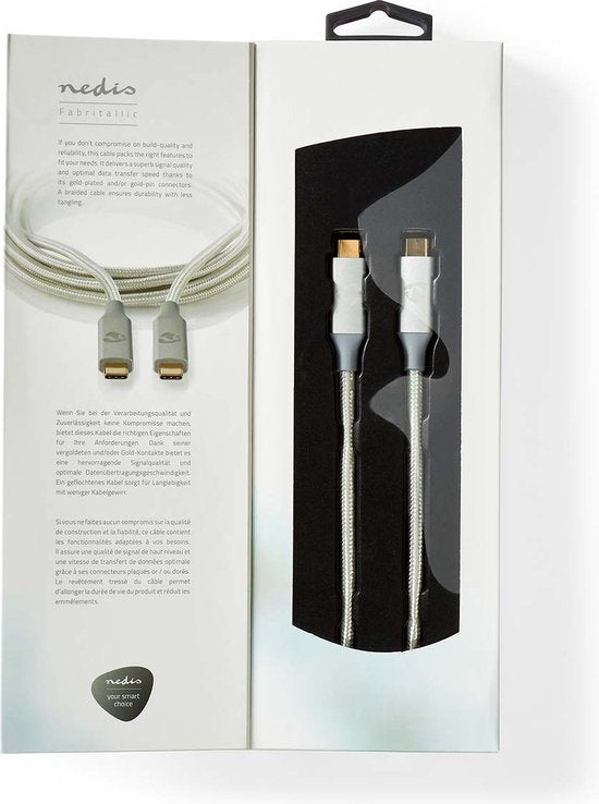 Nedis USB-Kabel - USB 3.2 Gen 2x2 - USB-C Male - USB-C Male - 100 W - 4K@60Hz - 20 Gbps - Verguld - 2.00 m - Rond - Gevlochten / Nylon - Zilver - Cover Window Box - afbeelding 3