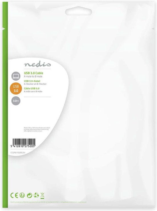 Nedis USB-Kabel - USB 3.2 Gen 1 - USB-A Male - USB-B Male - 5 Gbps - Vernikkeld - 3.00 m - Rond - PVC - Blauw - Envelop - afbeelding 6