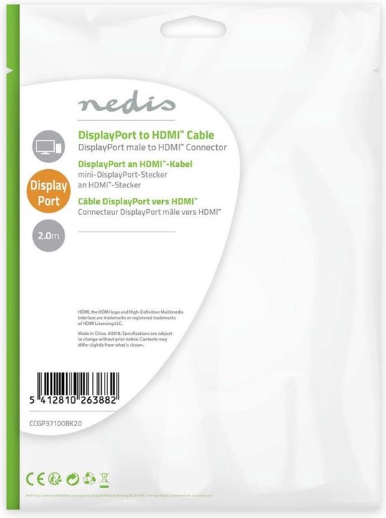 Nedis DisplayPort-Kabel - DisplayPort Male - HDMI Connector - 1080p - Vernikkeld - 2.00 m - Rond - PVC - Zwart - Envelop - afbeelding 5