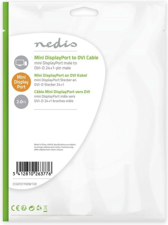 Nedis Mini DisplayPort-Kabel - DisplayPort 1.2 - Mini-DisplayPort Male - DVI-D 24+1-Pins Male - 21.6 Gbps - Vernikkeld - 2.00 m - Rond - PVC - Wit - Envelop - afbeelding 4