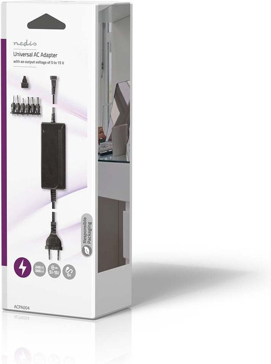 Nedis Universele AC-Stroomadapter - 36 W - 5 / 6 / 7.5 / 9 / 12 / 13.5 / 15 V DC - 3.60 m - 2.4 - 3.0 A - 6 plug(s) - Zwart - afbeelding 2