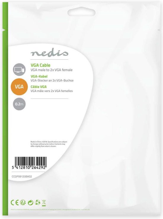 Nedis VGA-Kabel - VGA Male - 2x VGA Female - Verguld - Maximale resolutie: 1280x768 - 0.20 m - Rond - ABS - Zwart - Envelop - afbeelding 5