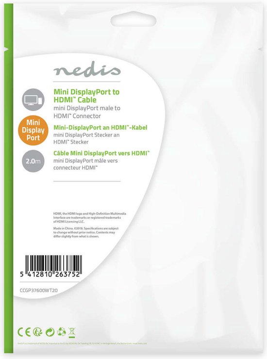 Nedis Mini DisplayPort-Kabel - DisplayPort 1.2 - Mini-DisplayPort Male - HDMI Connector - 21.6 Gbps - Vernikkeld - 2.00 m - Rond - PVC - Wit - Label - afbeelding 7
