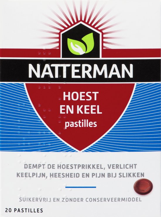 Natterman Hoest en Keel pastilles - Dempt de hoestprikkel - Verlicht keelpijn, heesheid en pijn bij slikken - Suikervrij - Anti-hoestmiddel - Medisch hulpmiddel - Vanaf 6 jaar - 20 pastilles - afbeelding 1