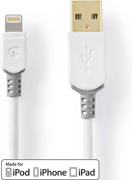 Nedis Lightning Kabel - USB 2.0 - Apple Lightning 8-Pins - USB-A Male - 480 Mbps - Verguld - 1.00 m - Rond - PVC - Grijs / Wit - Doos - afbeelding 3