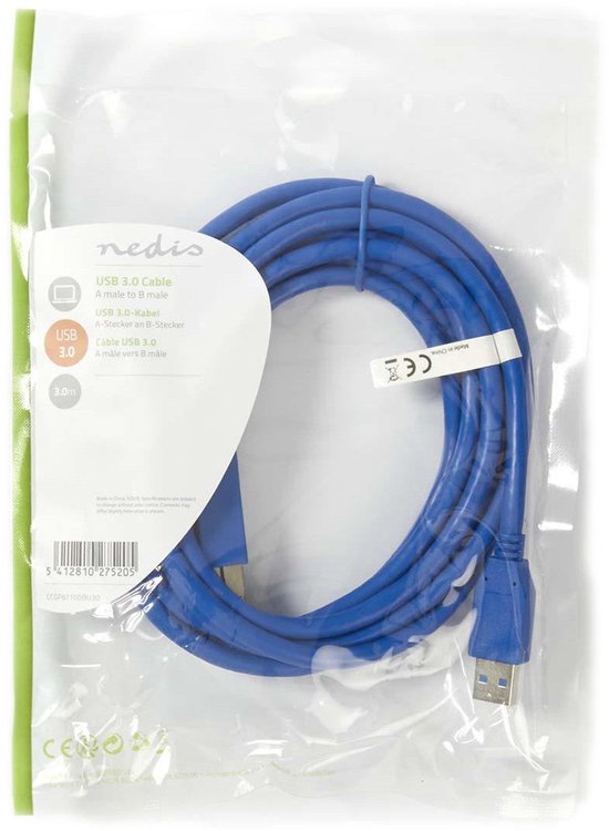 Nedis USB-Kabel - USB 3.2 Gen 1 - USB-A Male - USB-B Male - 5 Gbps - Vernikkeld - 3.00 m - Rond - PVC - Blauw - Envelop - afbeelding 4