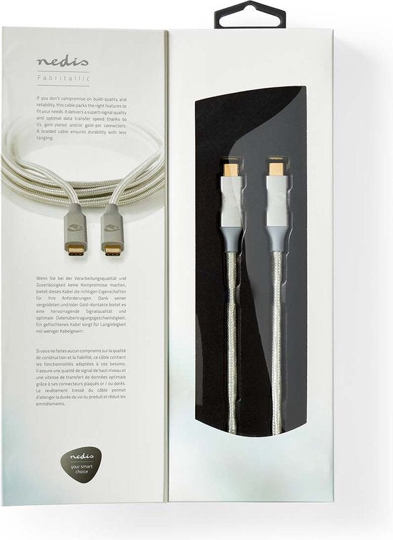 Nedis USB-Kabel - USB 3.2 Gen 2x2 - USB-C Male - USB-C Male - 100 W - 4K@60Hz - 20 Gbps - Verguld - 1.00 m - Rond - Gevlochten / Nylon - Zilver - Cover Window Box - afbeelding 3