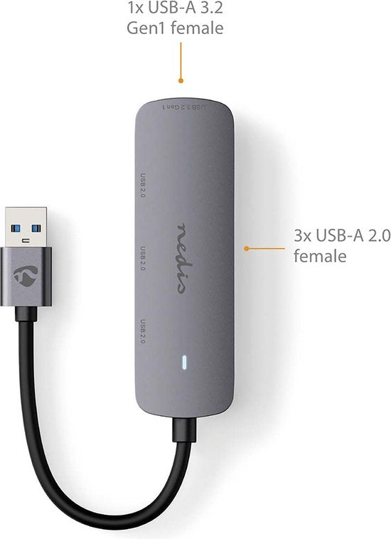 Nedis USB-Hub - USB-A Male - 4x USB A Female - 4-Poorts poort(en) - USB 2.0 / USB 3.2 Gen 1 - USB Gevoed - afbeelding 4