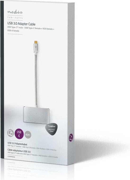 Nedis USB Multi-Port Adapter - 3-in-1 - USB 3.2 Gen 1 - USB-C Male - USB-A Female / USB-C Female / VGA Female 15p - 5 Gbps - 0.20 m - Rond - Verguld - Gevlochten / Nylon - Zilver - Cover Window Box - afbeelding 11
