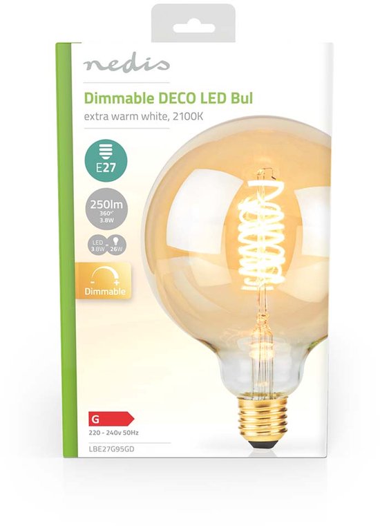 Nedis LED-Filamentlamp E27 - G95 - 3.8 W - 250 lm - 2100 - Dimbaar - Extra Warm Wit - Retrostijl - 1 Stuks - afbeelding 3