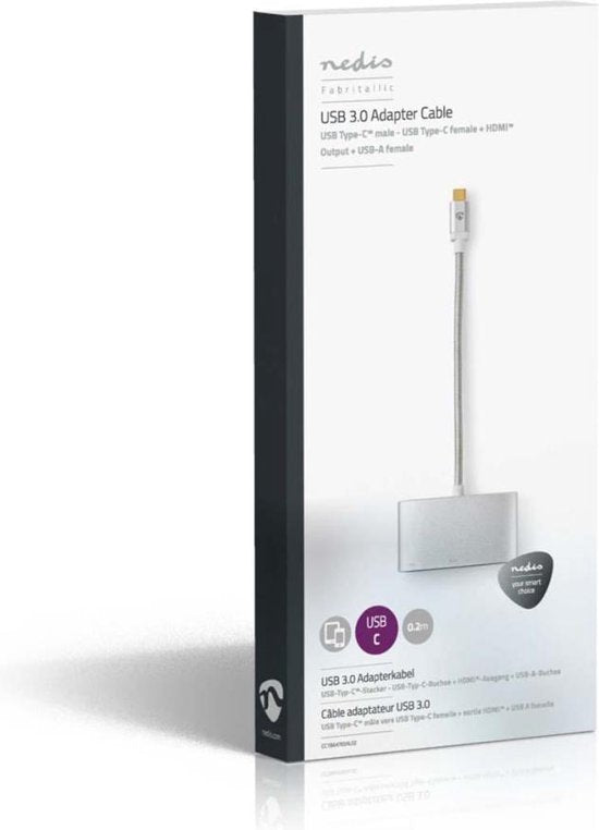 Nedis USB Multi-Port Adapter - USB 3.2 Gen 1 - USB-C Male - HDMI Output / USB-A Female / USB-C Female - 5 Gbps - 0.20 m - Rond - Verguld - Gevlochten / Nylon - Zilver - Cover Window Box - afbeelding 8