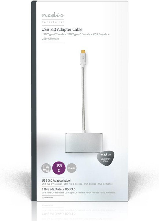 Nedis USB Multi-Port Adapter - 3-in-1 - USB 3.2 Gen 1 - USB-C Male - USB-A Female / USB-C Female / VGA Female 15p - 5 Gbps - 0.20 m - Rond - Verguld - Gevlochten / Nylon - Zilver - Cover Window Box - afbeelding 3