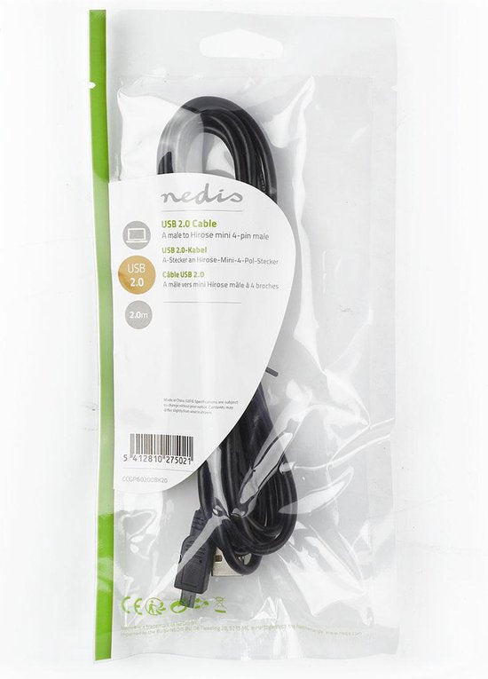 Nedis USB-Kabel - USB 2.0 - USB-A Male - Mini 4-Pin Male - 480 Mbps - Vernikkeld - 2.00 m - Rond - PVC - Zwart - Polybag - afbeelding 2