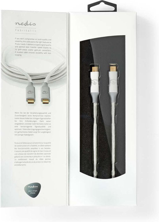 Nedis USB-Kabel - USB 3.2 Gen 2x2 - USB-C Male - USB-C Male - 100 W - 4K@60Hz - 20 Gbps - Verguld - 1.00 m - Rond - Gevlochten / Nylon - Zilver - Cover Window Box - afbeelding 6