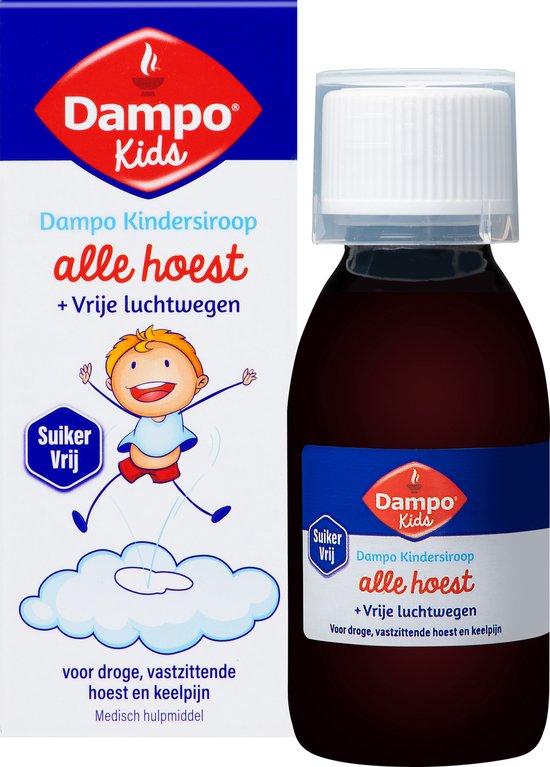 Dampo Kids Kindersiroop Alle hoest + Vrije luchtwegen - Voor droge, vastzittende hoest en keelpijn - Suikervrij - Medisch hulpmiddel - 120 ml - afbeelding 1