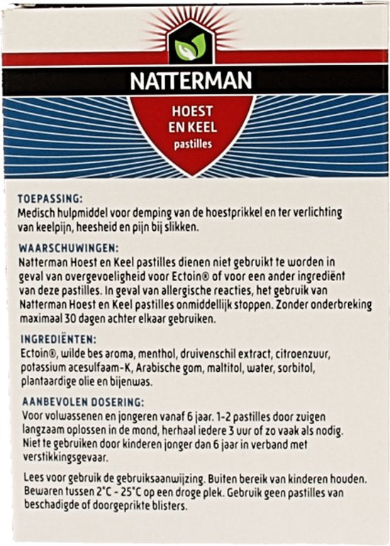 Natterman Hoest en Keel pastilles - Dempt de hoestprikkel - Verlicht keelpijn, heesheid en pijn bij slikken - Suikervrij - Anti-hoestmiddel - Medisch hulpmiddel - Vanaf 6 jaar - 20 pastilles - afbeelding 4
