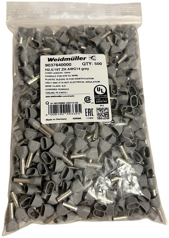Weidmüller H2,5/19T ZH AWG14 GREY Strip Length 13mm 500 stuks Art. NR: 9037640000 - afbeelding 1