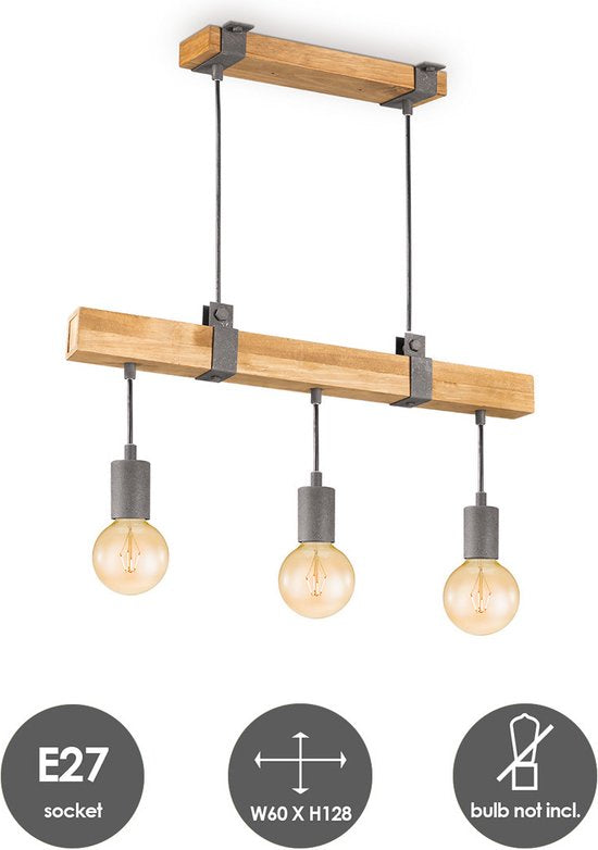 Home Sweet Home - Landelijke Hanglamp Denton - geschikt voor E27 LED lichtbron - 3 lichts hanglamp gemaakt van Hout - 60/14/128cm - Pendellamp geschikt voor woonkamer, slaapkamer en keuken - afbeelding 3