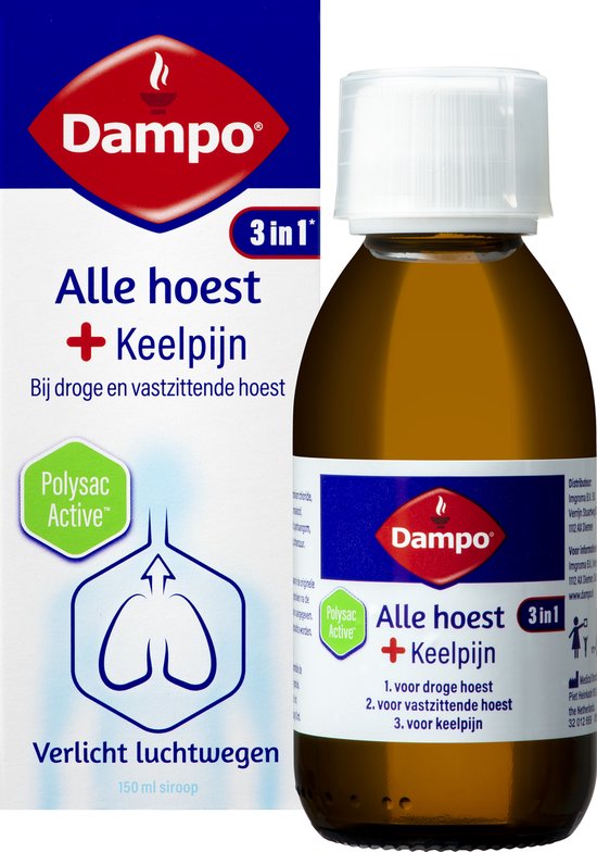 Dampo 3 in 1 Alle Hoest + Keelpijn - Bij droge en vastzittende hoest - Bij keelpijn - Verlicht de luchtwegen - Hoestdrank - Medisch hulpmiddel - 150 ml - afbeelding 1