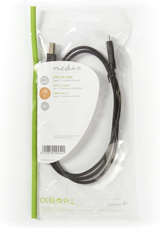 Nedis USB-Kabel - USB 2.0 - USB-C Male - USB-B Male - 480 Mbps - OTG - Vernikkeld - 1.00 m - Rond - PVC - Zwart - Envelop - afbeelding 2