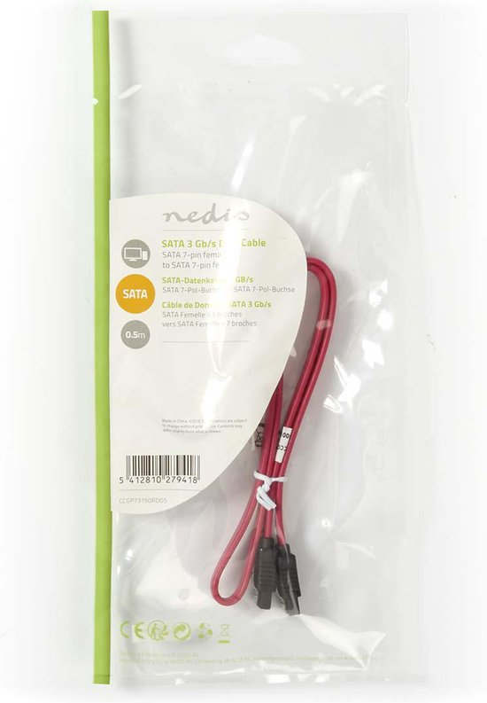 Nedis SATA Kabel - 3 Gbps - SATA 7-Pins Female - SATA 7-Pins Female - Vernikkeld - 0.50 m - Plat - PVC - Rood - Polybag - afbeelding 4