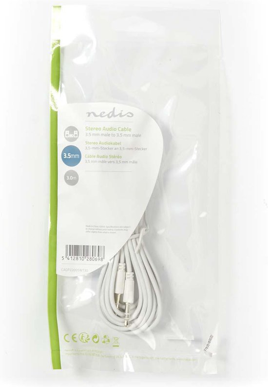 Nedis Stereo-Audiokabel - 3,5 mm Male - 3,5 mm Male - Vernikkeld - 3.00 m - Rond - Wit - Polybag - afbeelding 4