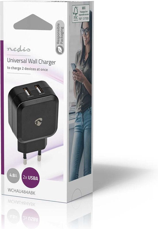 Wandoplader | 4,8 A | 2 uitgangen | USB-A | - afbeelding 3