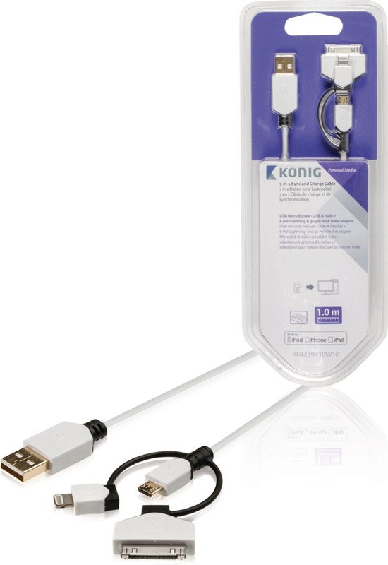 Konig USB 2.0 A Male naar USB 2.0 Micro Male;Apple Lightning;Apple 30-pin - 1 m - afbeelding 1