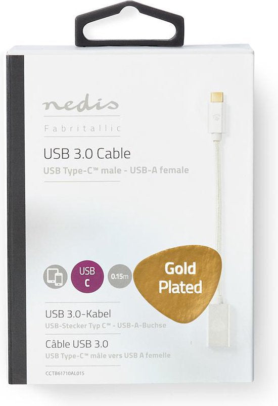 Nedis USB-C Adapter - USB 3.2 Gen 1 - USB-C Male - USB-A Female - 5 Gbps - 0.20 m - Rond - Verguld - Gevlochten / Nylon - Zilver - Cover Window Box - afbeelding 3