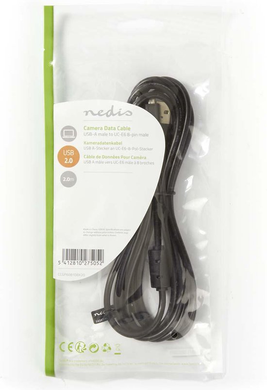 Nedis USB-Kabel - USB 2.0 - USB-A Male - US-E6 8-pins Male - 480 Mbps - Vernikkeld - 2.00 m - Rond - PVC - Zwart - Envelop - afbeelding 2