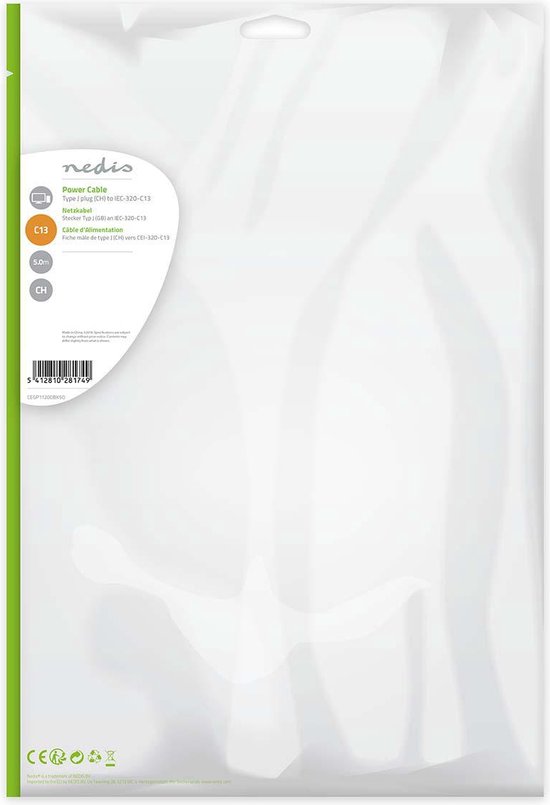 Nedis Stroomkabel - CH Type 12 - IEC-320-C13 - Recht - Recht - Vernikkeld - 5.00 m - Rond - PVC - Zwart - Envelop - afbeelding 5
