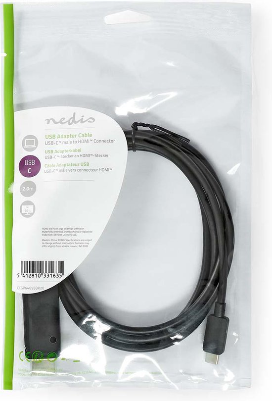 Nedis USB-C Adapter - USB 3.2 Gen 1 - USB-C Male - HDMI Connector - 4K@60Hz - 2.00 m - Rond - Vernikkeld - PVC - Zwart - Label - afbeelding 5