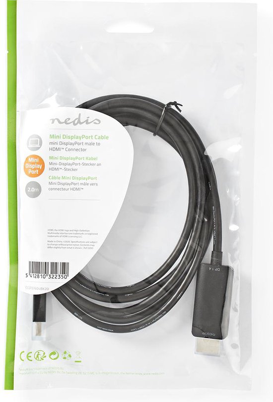Nedis Mini DisplayPort-Kabel - DisplayPort 1.4 - Mini-DisplayPort Male - HDMI Connector - 48 Gbps - Vernikkeld - 2.00 m - Rond - PVC - Zwart - Envelop - afbeelding 3