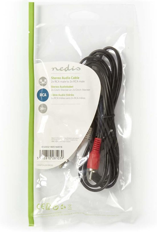 Nedis Stereo-Audiokabel - 2x RCA Male - 2x RCA Male - Vernikkeld - m - Rond - Zwart - afbeelding 2
