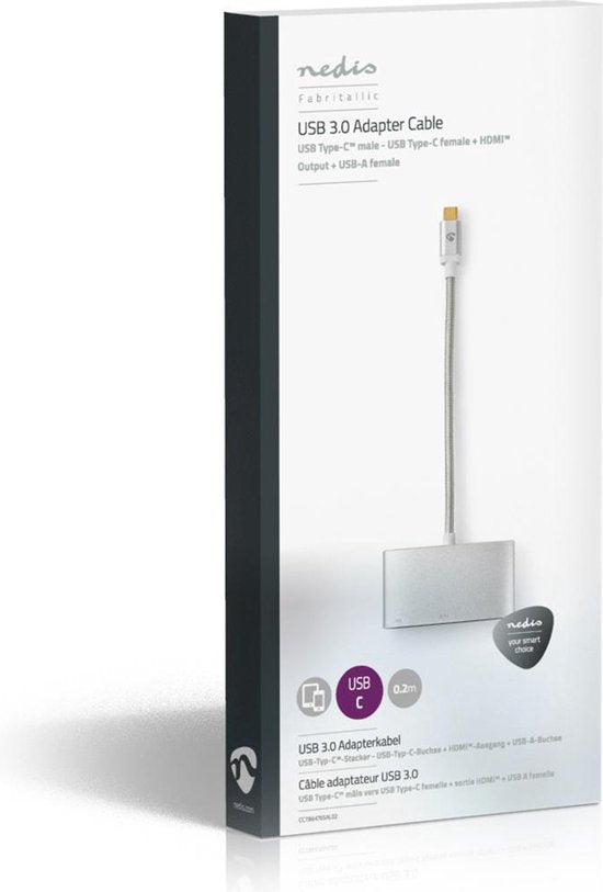 Nedis USB Multi-Port Adapter - USB 3.2 Gen 1 - USB-C Male - HDMI Output / USB-A Female / USB-C Female - 5 Gbps - 0.20 m - Rond - Verguld - Gevlochten / Nylon - Zilver - Cover Window Box - afbeelding 6
