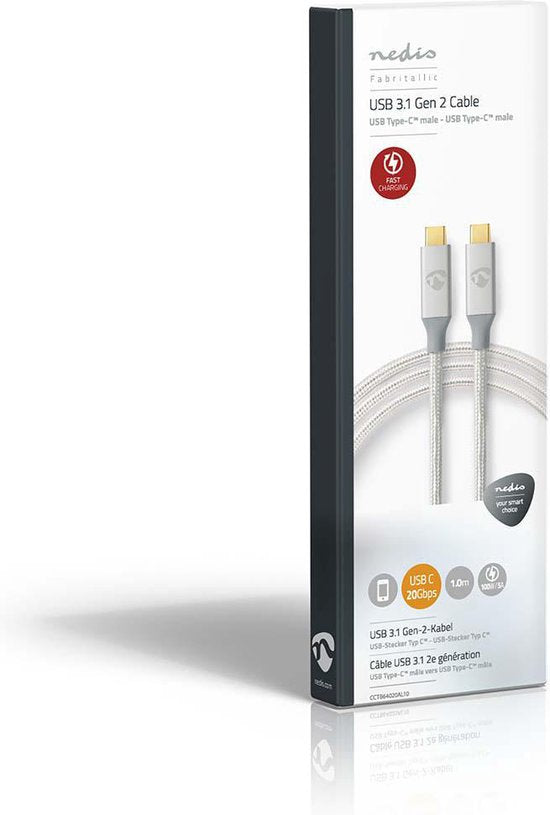 Nedis USB-Kabel - USB 3.2 Gen 2x2 - USB-C Male - USB-C Male - 100 W - 4K@60Hz - 20 Gbps - Verguld - 1.00 m - Rond - Gevlochten / Nylon - Zilver - Cover Window Box - afbeelding 4