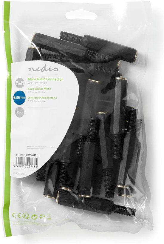 Nedis 6,35 mm Audioconnector - Recht - Female - Vernikkeld - Soldeer - Diameter kabelinvoer: 6.0 mm - Polyvinylchloride (PVC) - Zwart - Polybag - 25 Stuks - afbeelding 4
