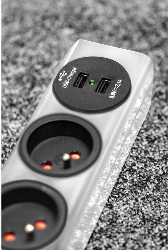 Stekkerdoos 3-Wegs 2 m Wit - Frans / 2x USB - afbeelding 2