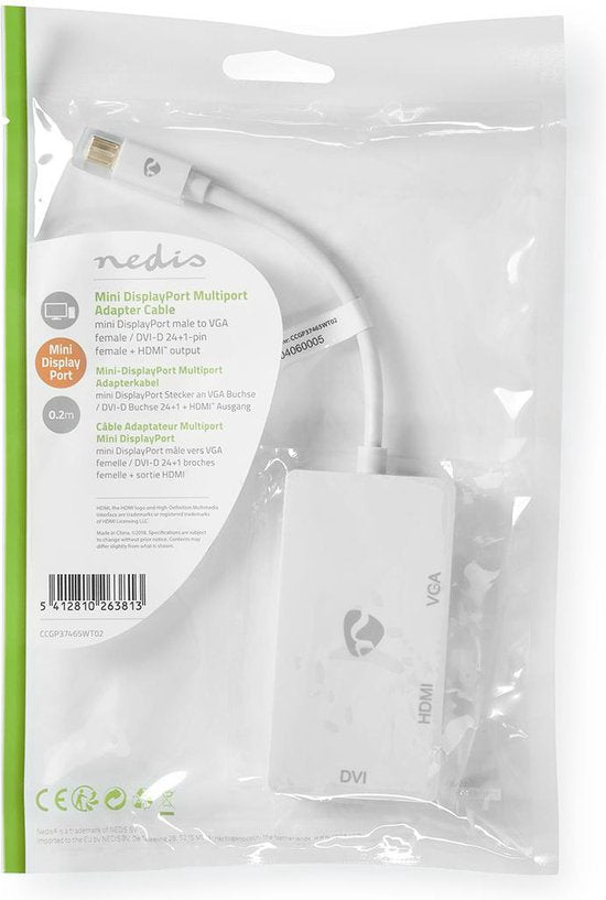 Nedis Mini DisplayPort-Kabel - DisplayPort 1.2 - Mini-DisplayPort Male - DVI-D 24+1-Pins Female / HDMI Input / VGA Female 15p - 21.6 Gbps - Vernikkeld - 0.20 m - Rond - PVC - Wit - Polybag - afbeelding 3