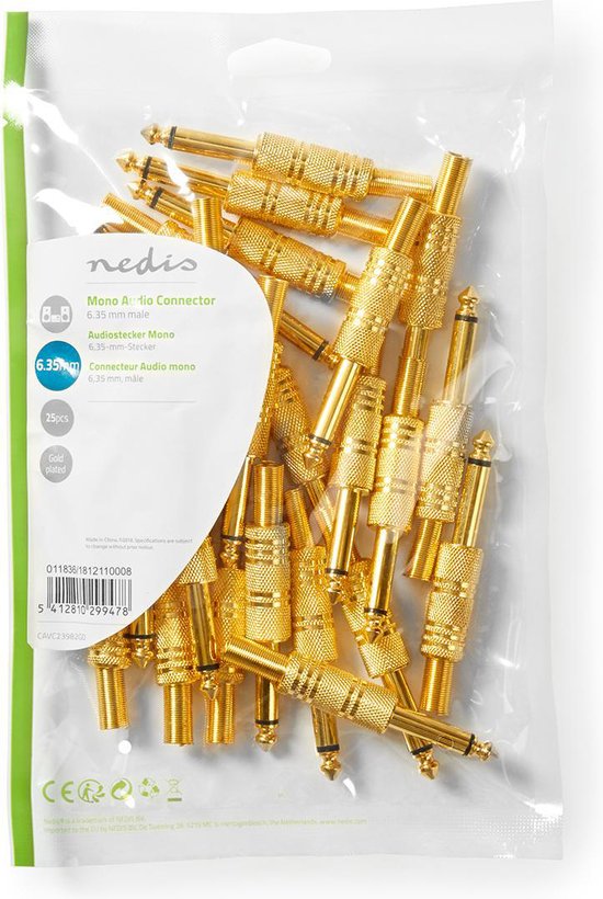 Nedis 6,35 mm Audioconnector - Recht - Male - Verguld - Soldeer - Diameter kabelinvoer: 6.8 mm - Metaal - Goud - Polybag - 25 Stuks - afbeelding 3