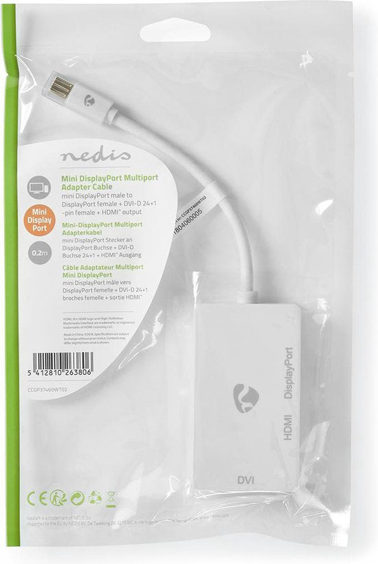 Nedis Mini DisplayPort-Kabel - DisplayPort 1.2 - Mini-DisplayPort Male - DisplayPort Female / DVI-D 24+1-Pins Female / HDMI Input - 21.6 Gbps - Vernikkeld - 0.20 m - Rond - PVC - Wit - Polybag - afbeelding 3
