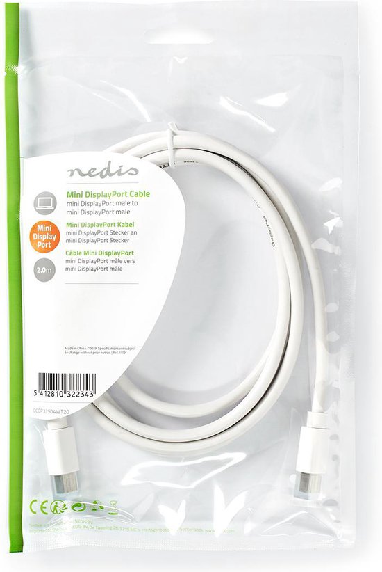 Nedis Mini DisplayPort-Kabel - DisplayPort 1.4 - Mini-DisplayPort Male - Mini-DisplayPort Male - 48 Gbps - Vernikkeld - 2.00 m - Rond - PVC - Wit - Blister - afbeelding 5