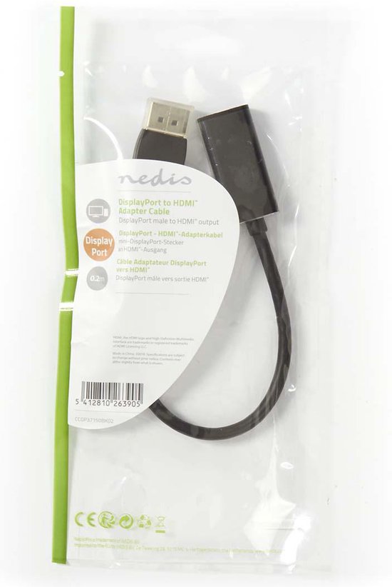 Nedis DisplayPort-Kabel - DisplayPort Male - HDMI Output - 1080p - Vernikkeld - 0.20 m - Rond - PVC - Zwart - Envelop - afbeelding 3