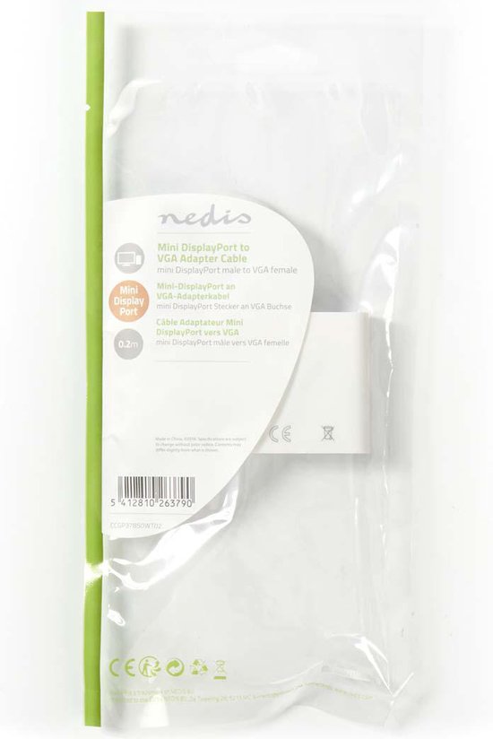 Nedis Mini DisplayPort-Kabel - DisplayPort 1.2 - Mini-DisplayPort Male - VGA Female 15p - 21.6 Gbps - Vernikkeld - 0.20 m - Rond - PVC - Wit - Polybag - afbeelding 4