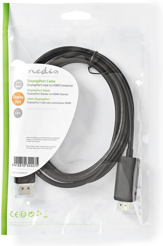 Nedis DisplayPort-Kabel - DisplayPort Male - HDMI Connector - 4K@60Hz - Vernikkeld - 2.00 m - Rond - PVC - Zwart - Polybag - afbeelding 4