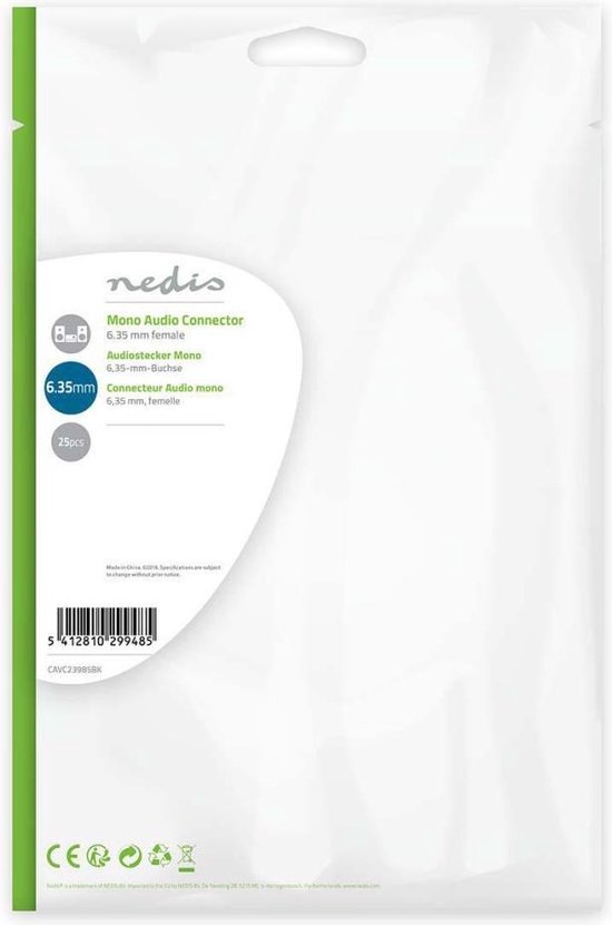 Nedis 6,35 mm Audioconnector - Recht - Female - Vernikkeld - Soldeer - Diameter kabelinvoer: 6.0 mm - Polyvinylchloride (PVC) - Zwart - Polybag - 25 Stuks - afbeelding 7