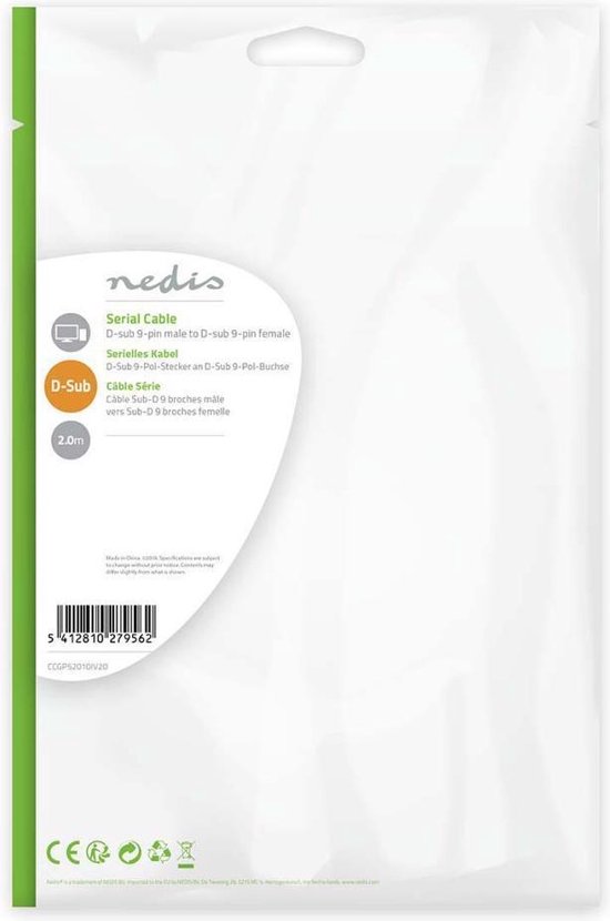 Seriële Kabel - D-SUB 9-Pins Male - D-SUB 9-Pins Female - Vernikkeld - 2.00 m - Rond - PVC - Ivoor - Envelop - afbeelding 5